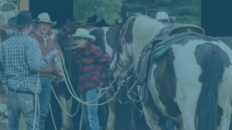 Group of people standing next to a white and brown horse, preparing for horseback riding.